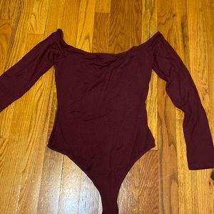 off the shoulder maroon body suit